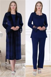 Mecit 5724 Lacivert Kadın Kadife Sabahlık Pijama Gecelik Set - 5