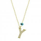 925 Ayar Gümüş Nazar Gold Y Harfi Kadın Gümüş Kolye - 1