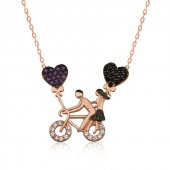 925 Ayar Gümüş Bisikletli Aşıklar Kadın Gümüş Kolye - 1
