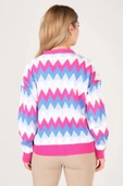 Kadın Zikzak Desenli Renkli Oversize Hırka Fuşya - 5