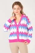 Kadın Zikzak Desenli Renkli Oversize Hırka Fuşya - 4
