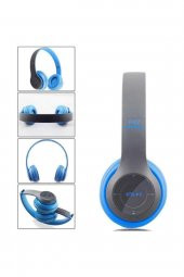 P47 J47-51 Mavi Kulak Üstü Kablosuz Bluetooth Kulaklık Aux Ve Hafıza Kartı Girişli Mavi Kulaklık - 3