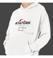 Kişiye Özel Atatürk ve Bayrak Baskılı Kapşonlu Beyaz Unisex Sweatshirt HK2293 - 1