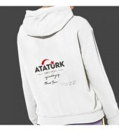 Kişiye Özel Atatürk ve Bayrak Baskılı Kapşonlu Beyaz Unisex Sweatshirt HK2293 - 3