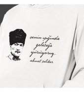 Atatürk Baskılı Kapşonlu Beyaz Unisex Sweatshirt HK2299 - 3