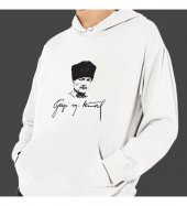Atatürk Baskılı Kapşonlu Beyaz Unisex Sweatshirt HK2296 - 1