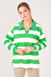 Kadın Polo Yaka Çizgili Sweatshirt Yeşil - 4