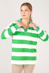Kadın Polo Yaka Çizgili Sweatshirt Yeşil - 5