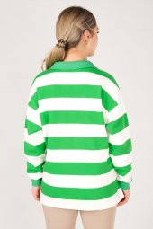 Kadın Polo Yaka Çizgili Sweatshirt Yeşil - 6