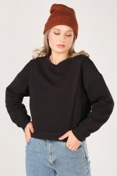 Kadın Sıfır Yaka Crop Sweatshirt Siyah - 1