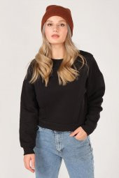Kadın Sıfır Yaka Crop Sweatshirt Siyah - 3