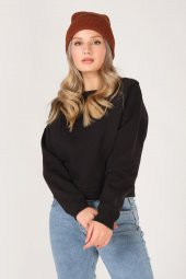 Kadın Sıfır Yaka Crop Sweatshirt Siyah - 4