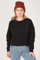 Kadın Sıfır Yaka Crop Sweatshirt Siyah - 5