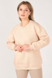 Kadın Sıfır Yaka Oversize Sweatshirt Bej - 1