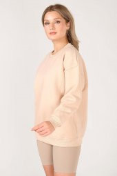Kadın Sıfır Yaka Oversize Sweatshirt Bej - 4