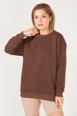 Kadın Sıfır Yaka Oversize Sweatshirt Kahverengi - 3