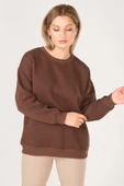 Kadın Sıfır Yaka Oversize Sweatshirt Kahverengi - 5