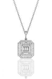 Gümüş Rodyumlu Pırlanta Montürlü Taşlı Baget Kolye ve Küpe Seti thumbnail 2