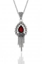 Gümüş kök yakut taşlı, püsküllü, oksitli telkari üçlü set - 2