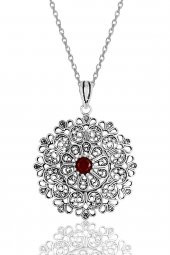 Gümüş kök yakut taşlı oksitli  telkari işlemeli kolye - 1