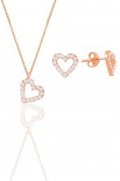 Gümüş rose zirkon taşlı kalp kolye ve küpe ikili set - 1