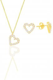 Gümüş altın yaldızlı zirkon taşlı kalp kolye ve küpe ikili set - 1