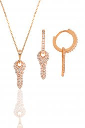 Gümüş rose zirkon taşlı anahtar kolye ve küpe ikili set - 1