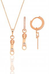 Gümüş rose zirkon taşlı fermuar kolye ve küpe ikili set - 1