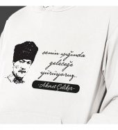 Kişiye Özel Atatürk Baskılı Kapşonlu Beyaz Unisex Sweatshirt HK2300 - 2