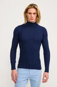 Erkek Slim Fit Fitilli Likralı Düz Renkli Triko Boğazlı Kazak - 5