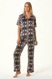 Kadın Dokuma Saten Önden Düğmeli Pijama Takımı 4489 - 1