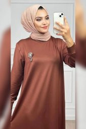 Elele Kadın Mayda Kristal Volanlı Broşlu Kahverengi Elbise - 2