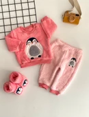 Neşeli Bebekler Penguen Nakışlı Desen Panduflu Welsoft Kumaş Takım Pembe - 1