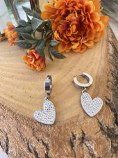 Aksesuar Çarşısı Zirkon Taş Kalp Tasarımlı Silver Çelik Küpe - 4