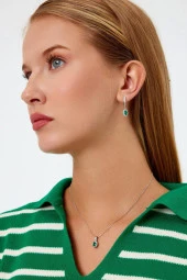 Yeşil Taşlı Gümüş Küpe ve Kolye Seti - 1