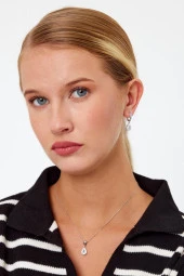 Beyaz Taşlı Gümüş Küpe ve Kolye Seti - 1