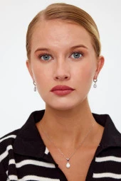 Beyaz Taşlı Gümüş Küpe ve Kolye Seti - 8