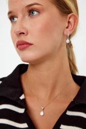 Beyaz Taşlı Gümüş Küpe ve Kolye Seti - 9