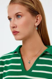 Yeşil Taşlı Gümüş Küpe ve Kolye Seti - 7