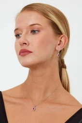 Kırmızı Taşlı Gümüş Küpe ve Kolye Seti - 1