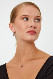 Kırmızı Taşlı Gümüş Küpe ve Kolye Seti - 2