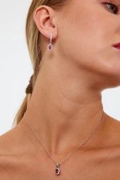 Kırmızı Taşlı Gümüş Küpe ve Kolye Seti - 8