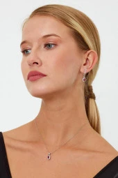 Kırmızı Taşlı Gümüş Küpe ve Kolye Seti - 9