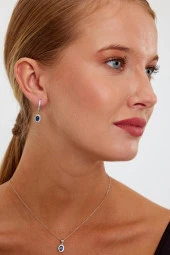 Mavi Taşlı Gümüş Küpe ve Kolye Seti - 4