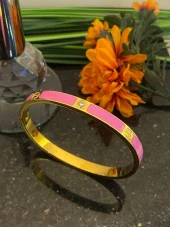 Aksesuar Çarşısı Çelik Pembe Mineli Vida Ve Zirkon Taş Tasarımlı Kelepçe Bileklik thumbnail 1