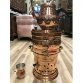 İşlemeli 7,5 L Bakır Semaver + Demlik ve Bardak - 1
