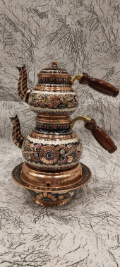 İSPİRTO OCAKLI ERZİNCAN EL İŞLEMELİ BAKIR ÇAYDANLIK DEMLİK TAKIMI - 1