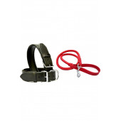 DESİNGSHOP Kırmızı Deri Örgü Köpek Gezdirme Kayışı 90cm Ve Siyah Deri Köpek Tasması 2,5x56 Cm 2li - 1