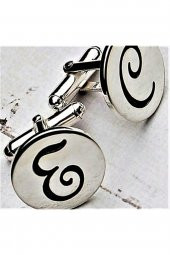 Erkek Ankataki Yuvarlak Plaka El Yazısı Harf Kol Düğmesi 925 Ayar Hediye Gümüş - 2