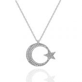 Taşlı Ay Yıldız Model Gümüş Kadın Kolye Özel Gün Hediyesi - 1